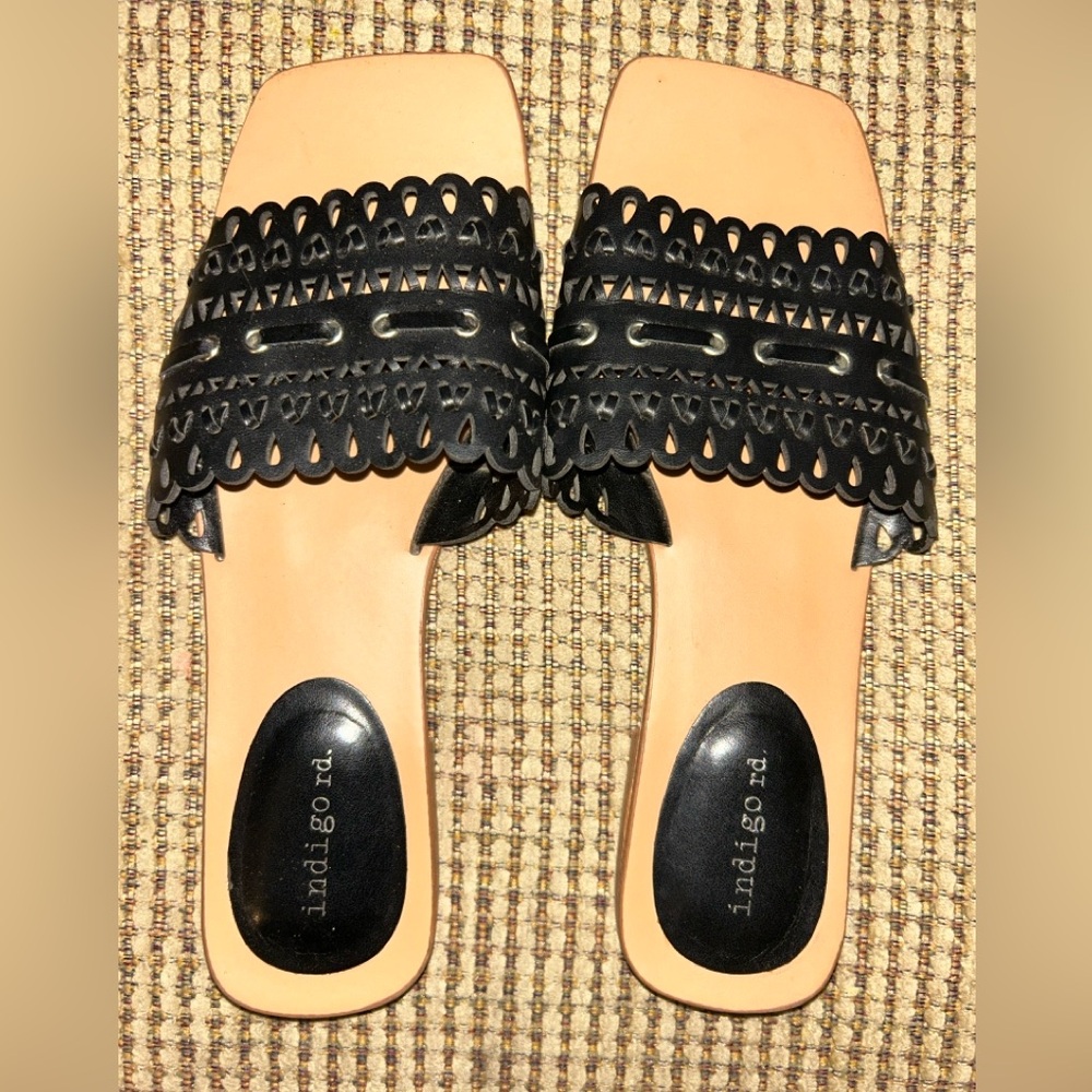 Indigo Black Lace Sandals Elegant Flat Design
